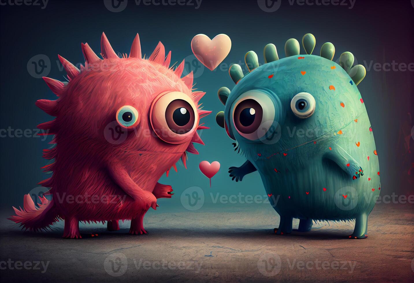 Cute love monster illustrations with hearts. Generate Ai photo