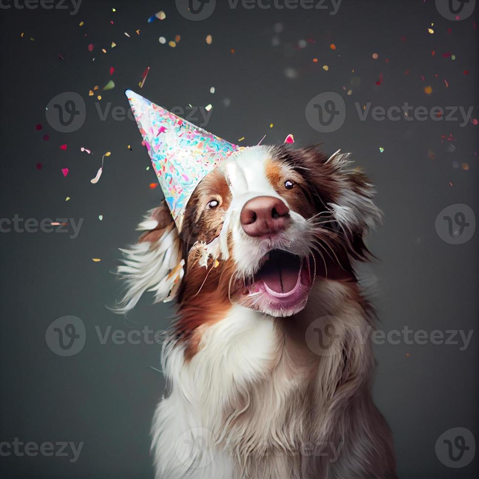 Cute dog with a party hat celebrating her birthday, confetti falling. Generate Ai photo