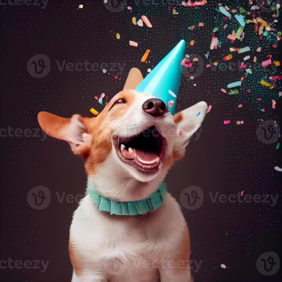 Cute dog with a party hat celebrating her birthday, confetti falling. Generate Ai photo