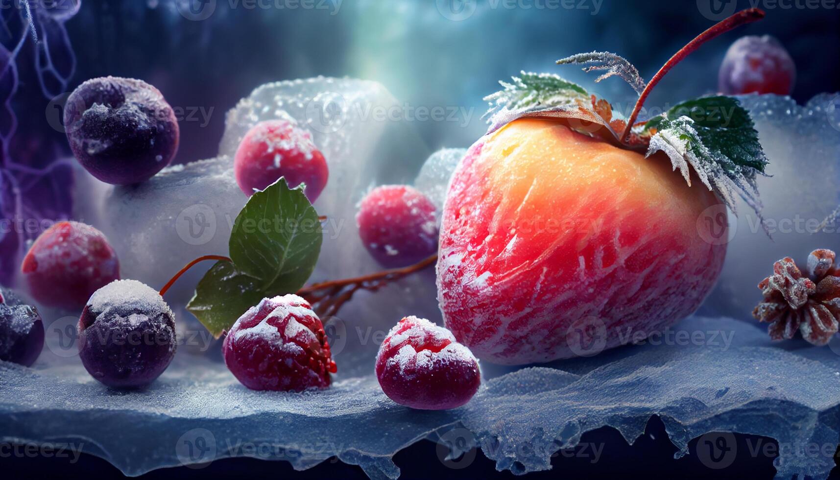 Frosty fruit filled wallpaper, widescreen format. Generate Ai. photo