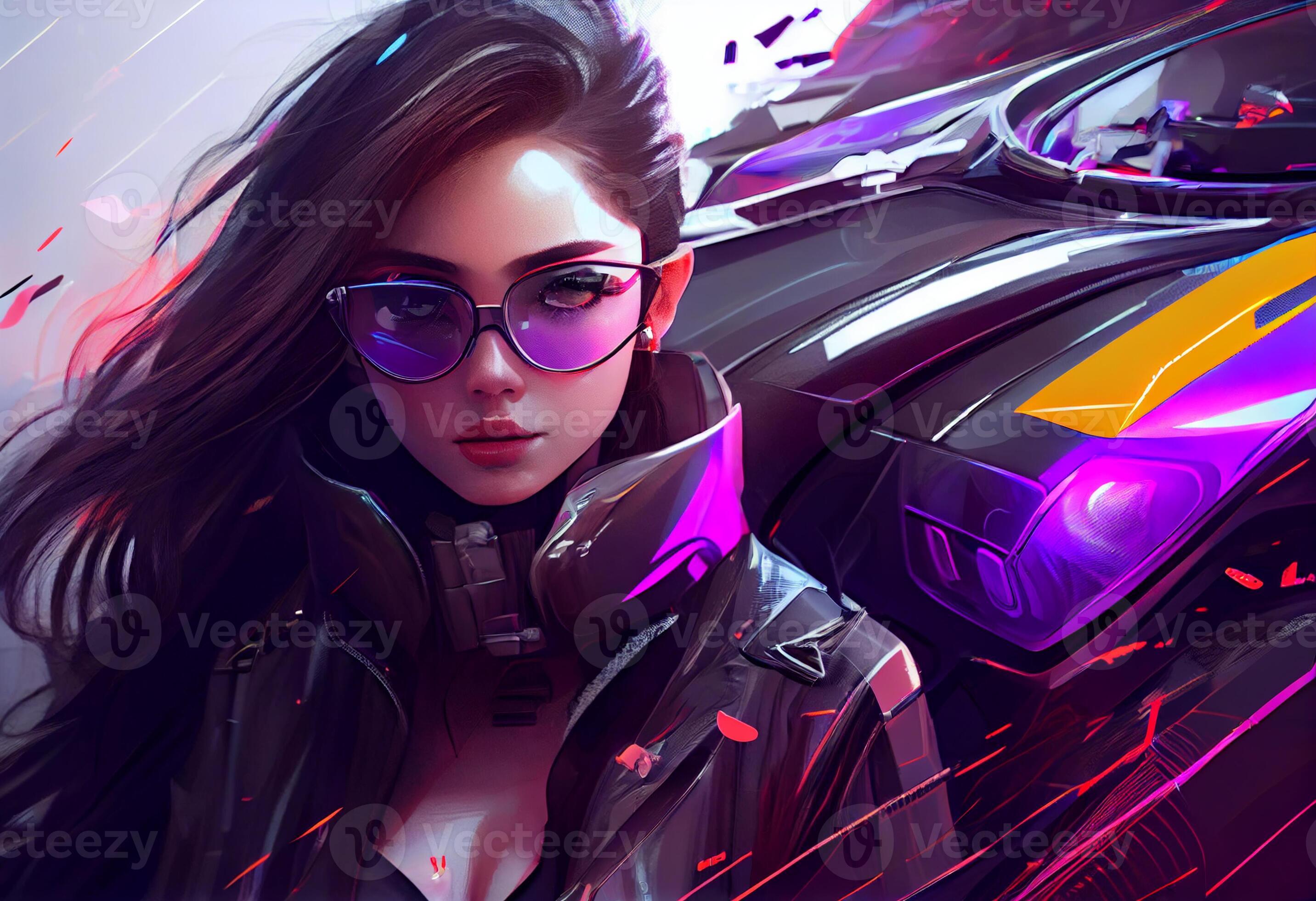 Fashion cyberpunk girl drive a supercar asian woman with future