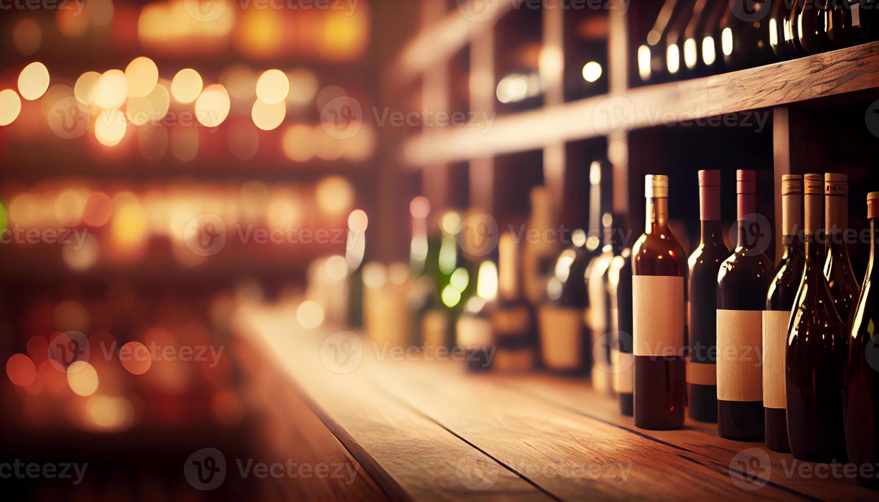 Wine wooden table background. Blurred wine shop with bottles. Generate Ai. photo