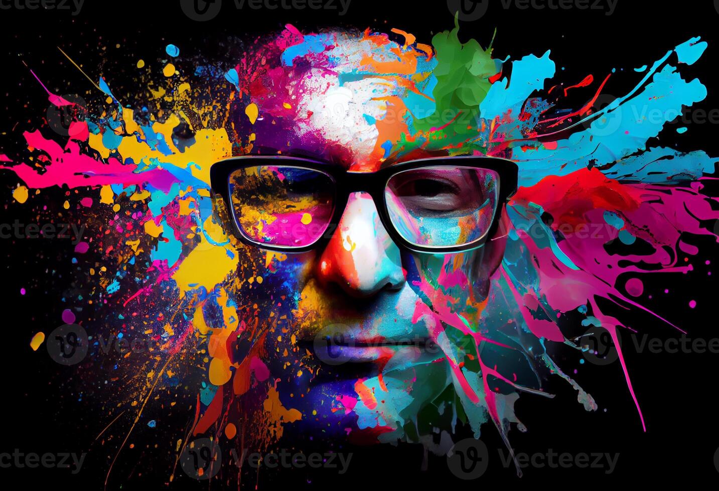 a person with glasses in rainbow color splash. Generate Ai. photo