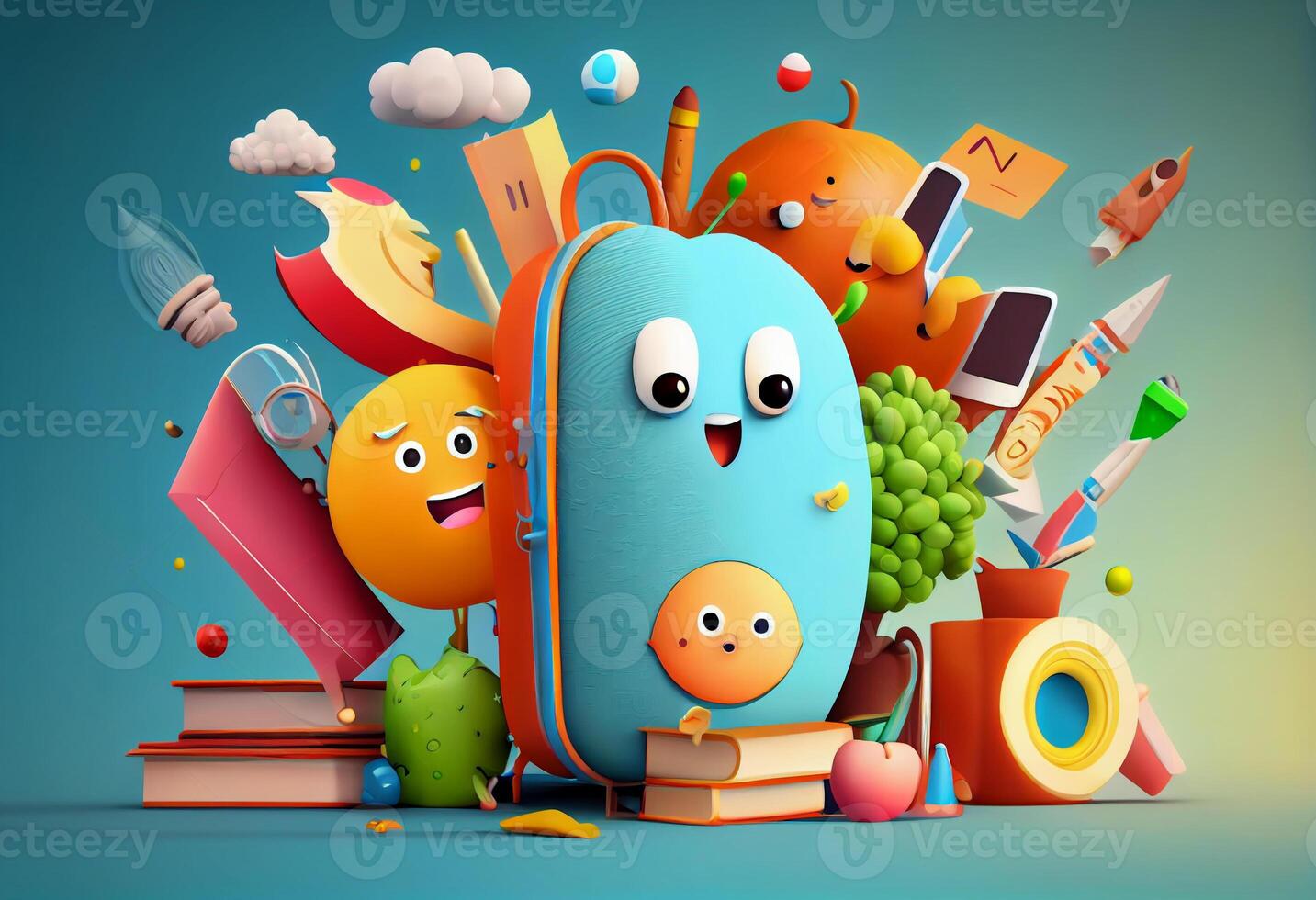 Back to school banner design with colorful funny school characters. Generate Ai. photo