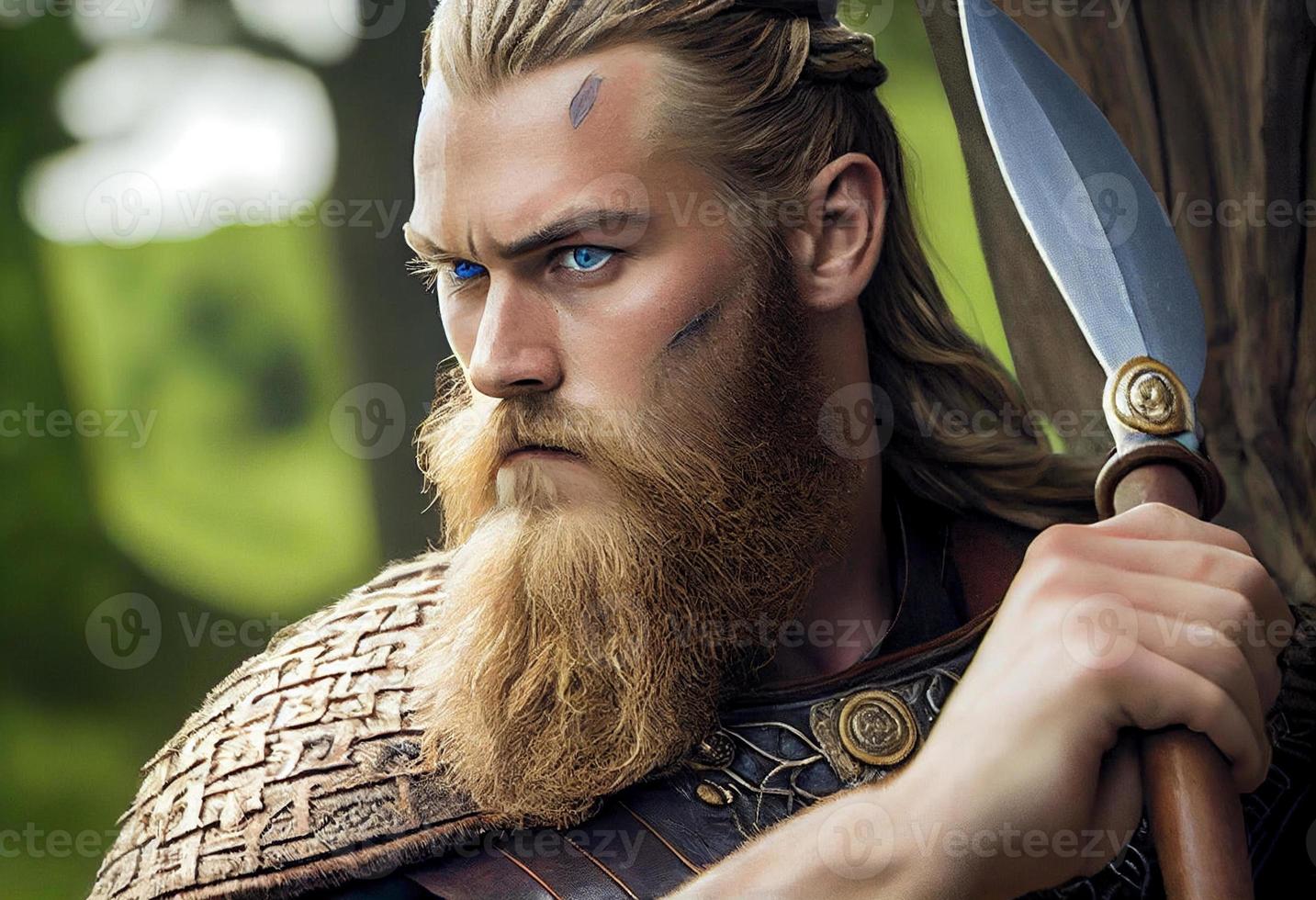 el vikingo destacado alto y orgulloso, su músculos tenso debajo su forrado de piel sayo. generar ai. foto