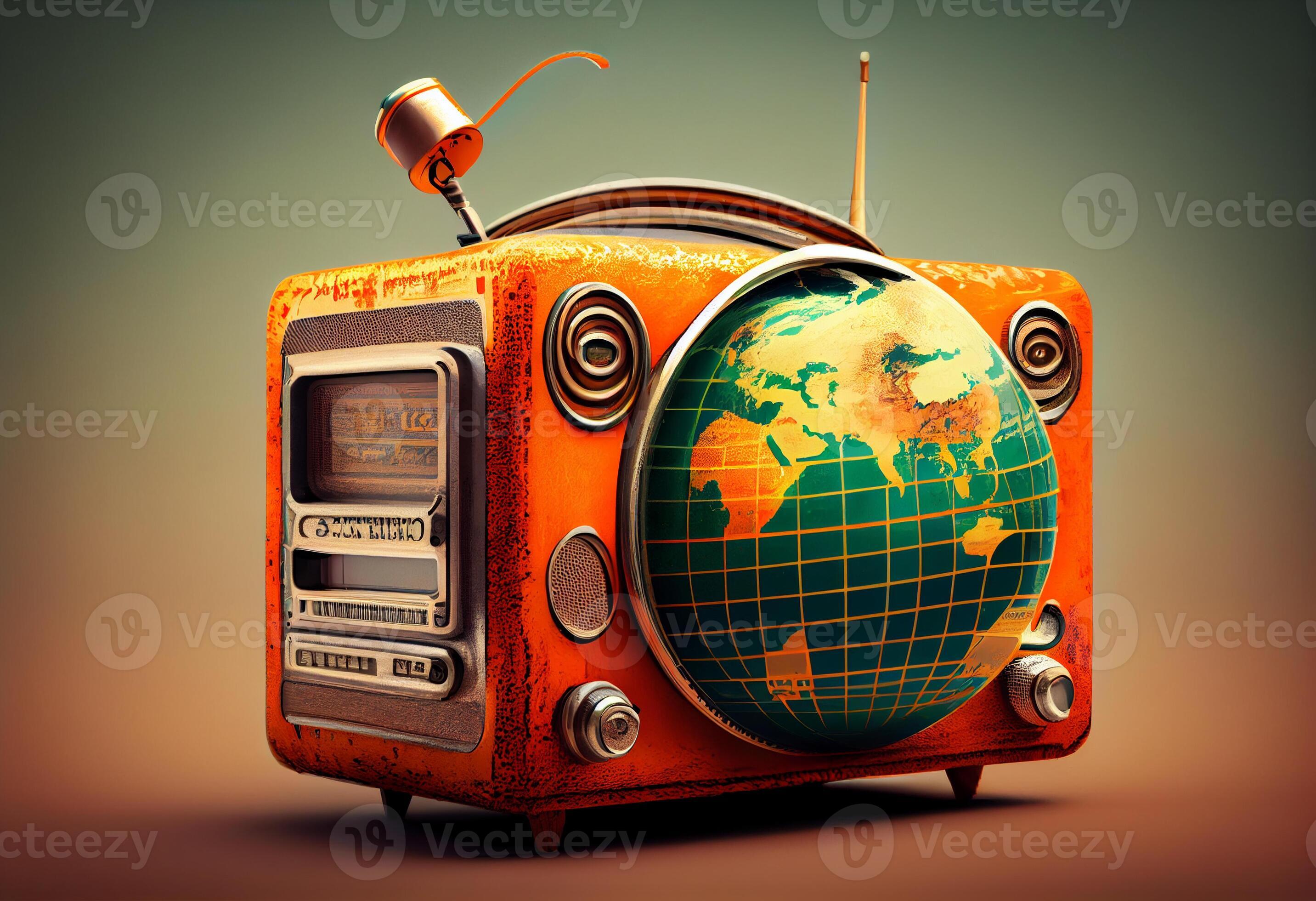Vintage radio with planet earth. World radio day theme concept