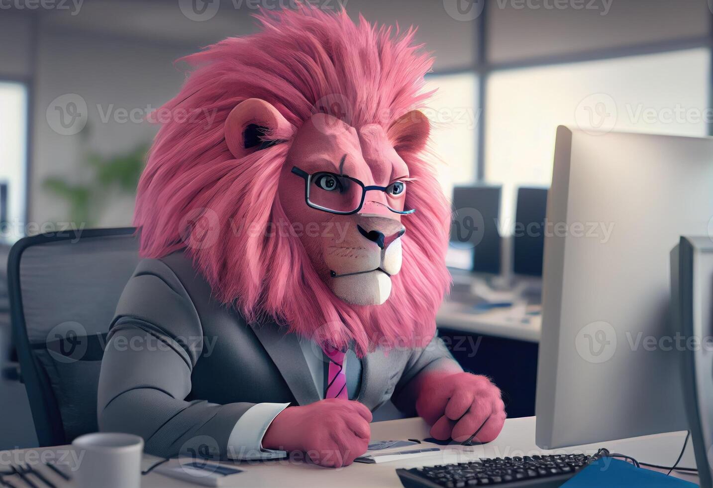 Portrait of an anthropomorphic pink lion as a developer in the office. Generate Ai. photo