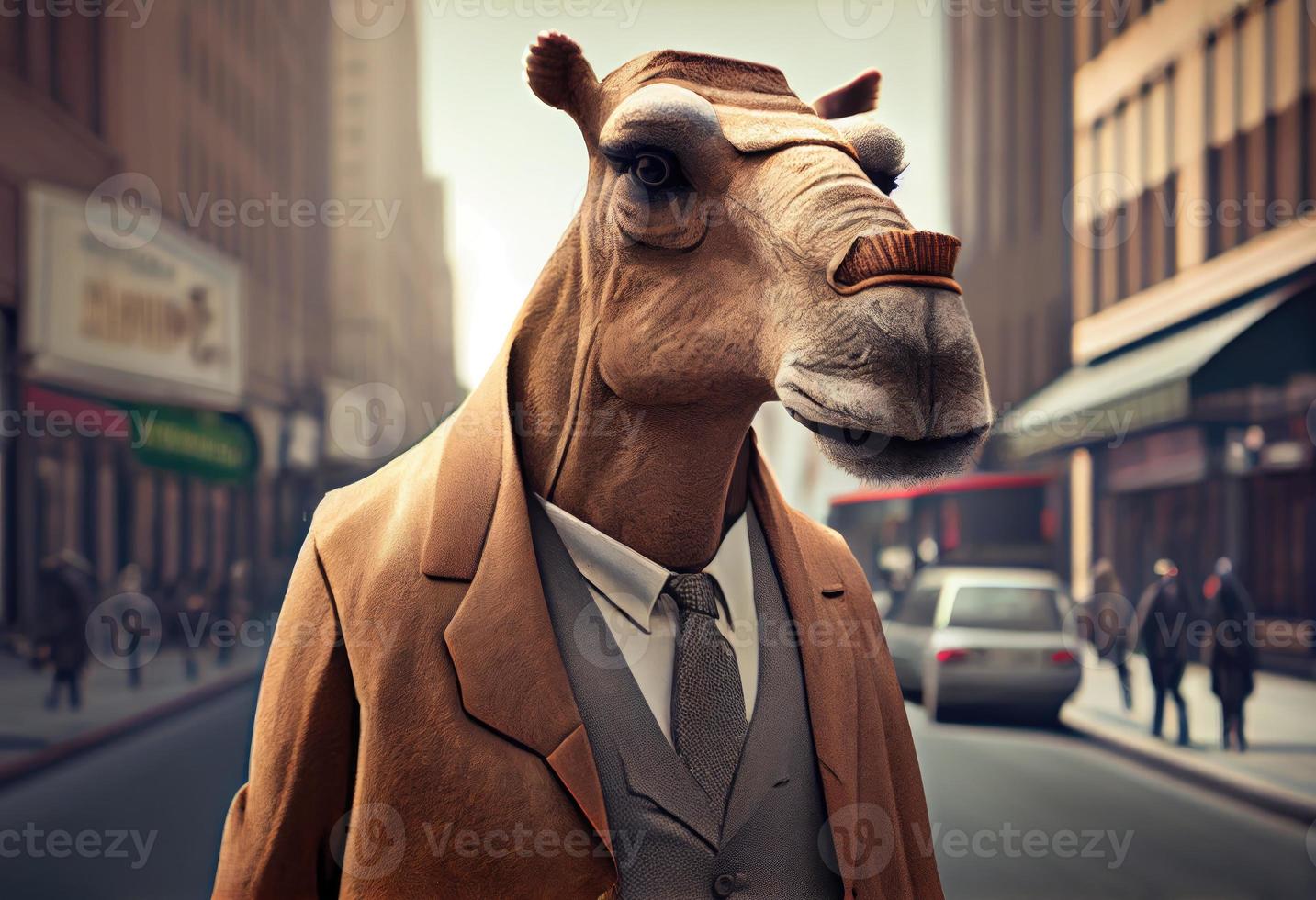 Portrait of an anthropomorphic camel businessman roaming the city streets. Generate Ai. photo