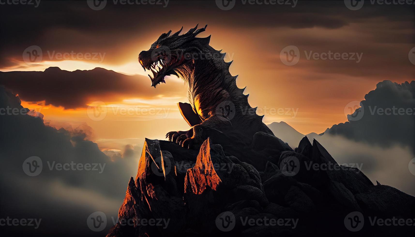 Big dragon-bear on top of a mountain at sunset. Generate Ai. photo