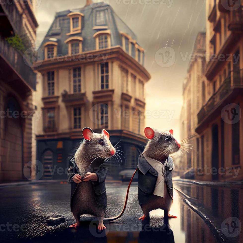 Two rats in a street of a big city. Generate Ai photo