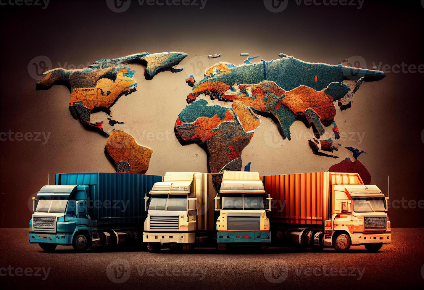 Trucks with cargo on the background of the world map. Generate Ai. photo