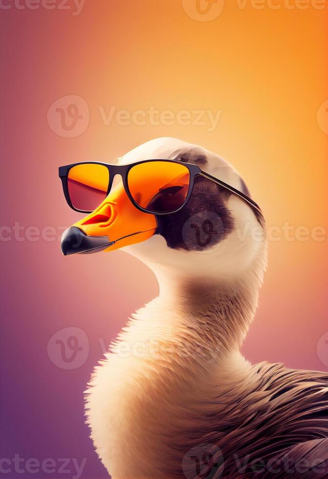 Creative animal composition. Goose wearing shades sunglass eyeglass isolated. Pastel gradient background. With text copy space. Generate Ai photo