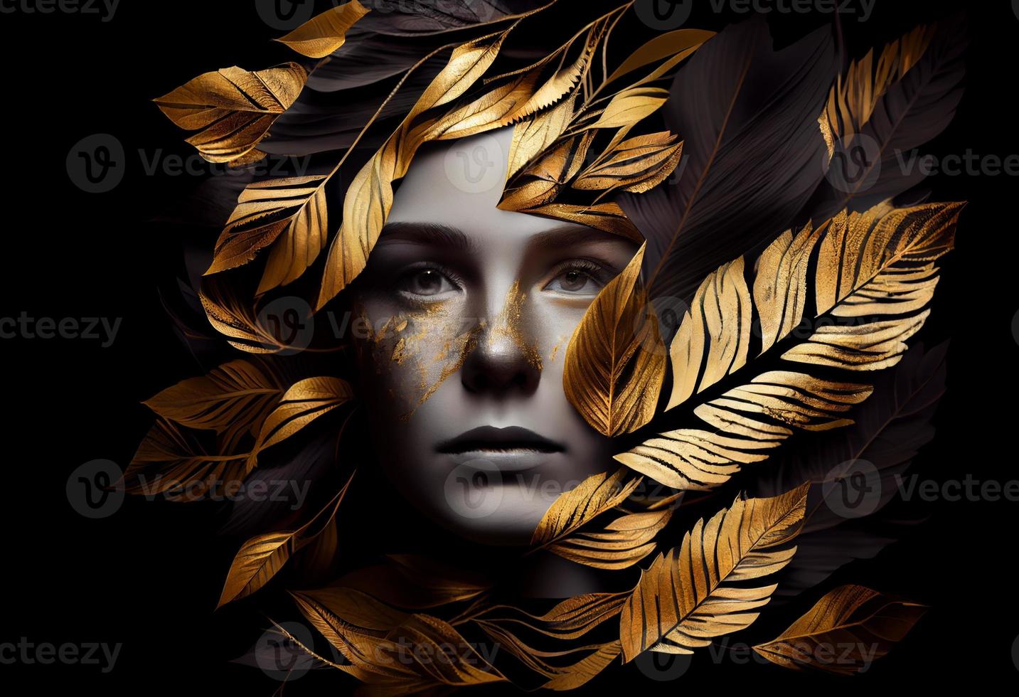 Woman sticking out of black and gold leaves. Generate Ai photo