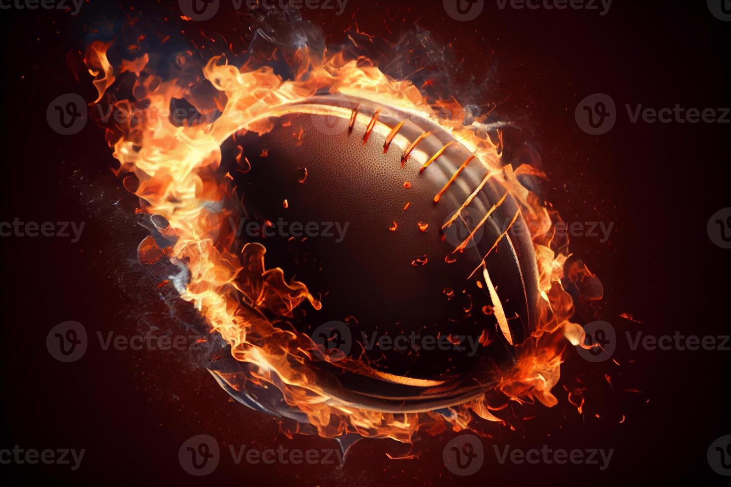 The ball for American football, flies in fire, on a bright background. Generate Ai photo