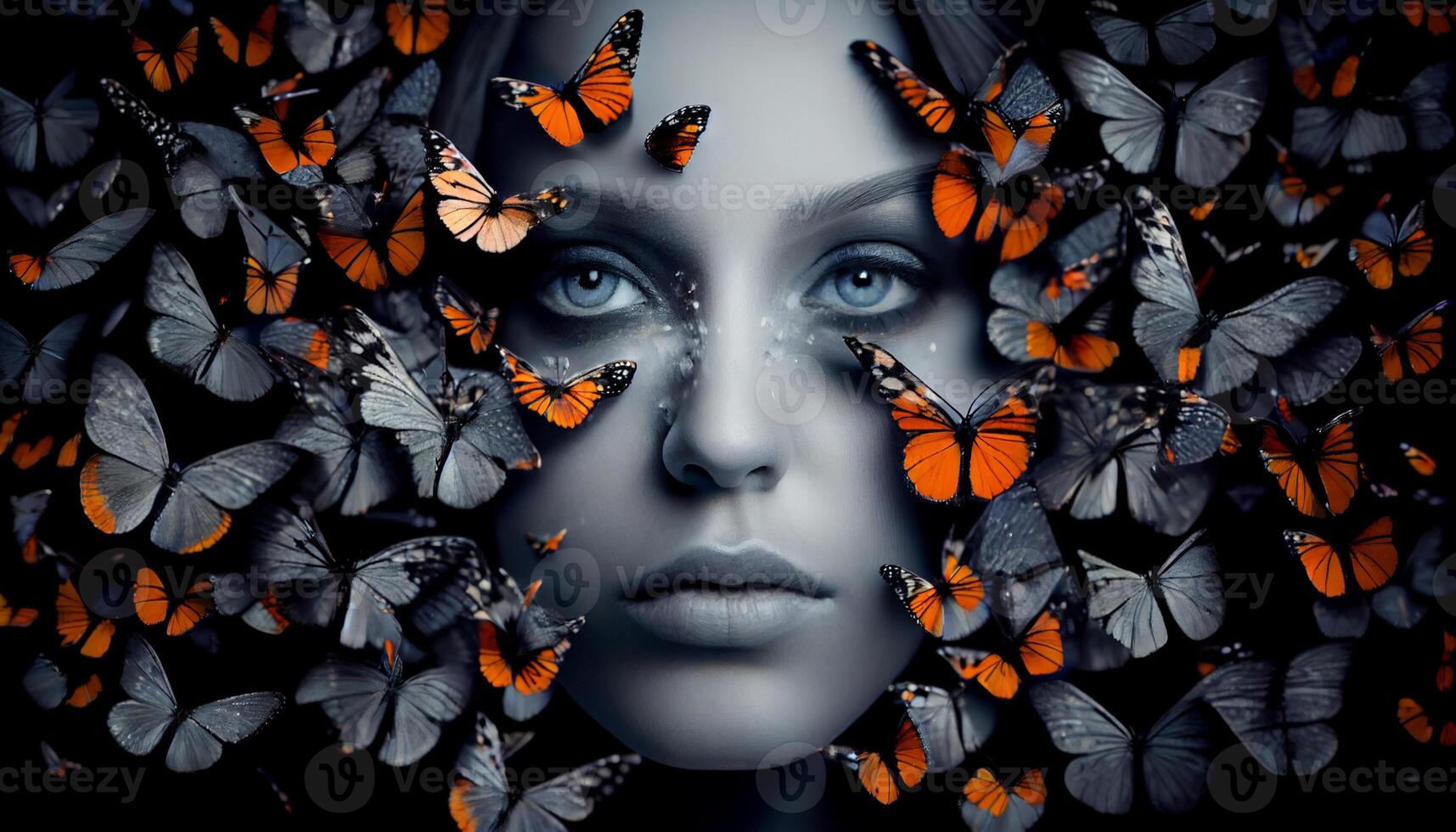 Woman's face sticking out in the middle of a full group of butterflies. Generate Ai. photo