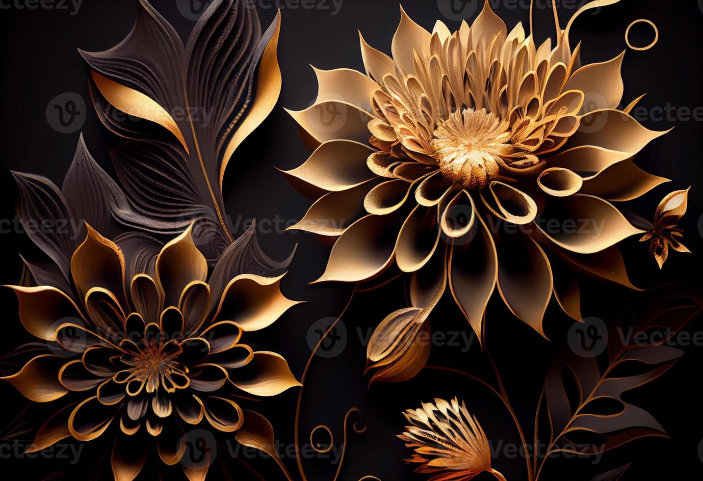 foto dorado flores en negro antecedentes elegante floral fondo de pantalla. generar ai
