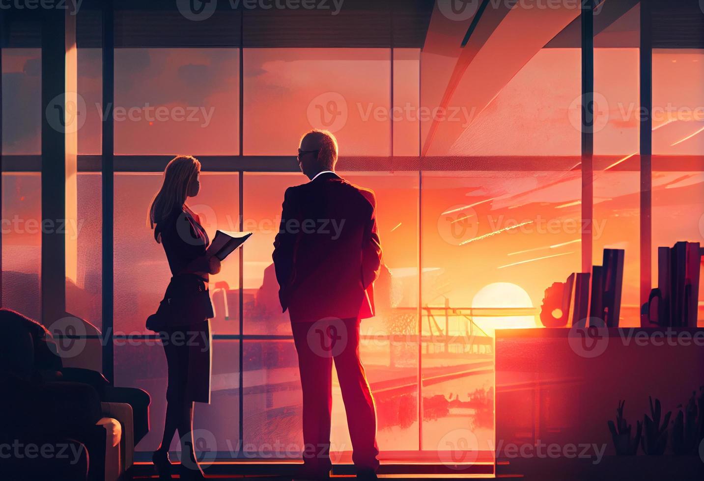 A business executive couple by a large window in the office at sunset taking a break from work. Generate Ai. photo