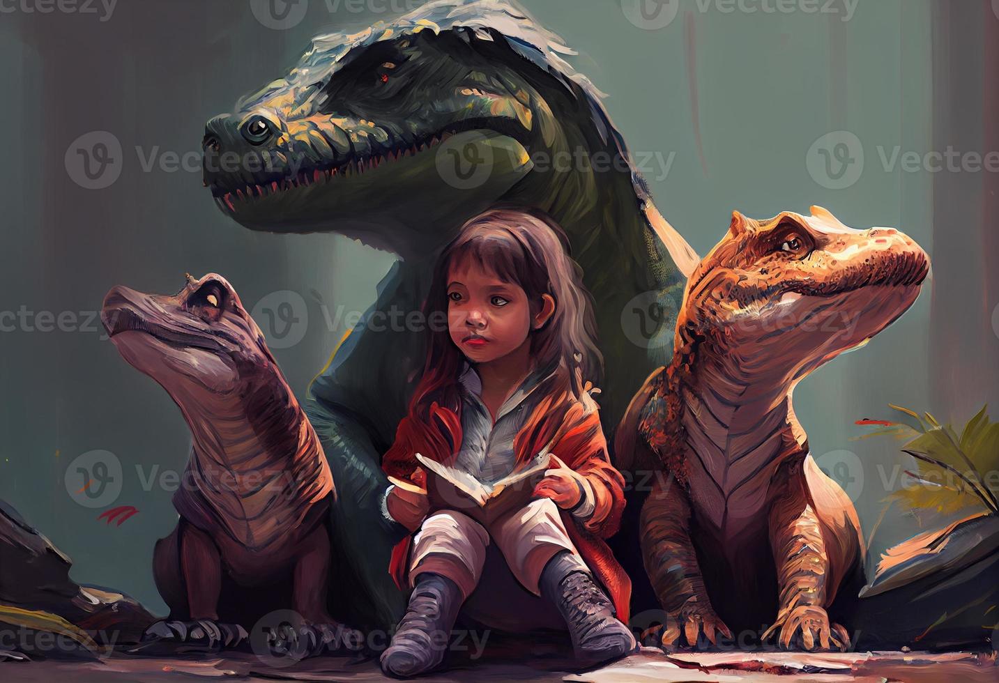 Dinosaurs sitting with a little girl. Generate Ai. photo