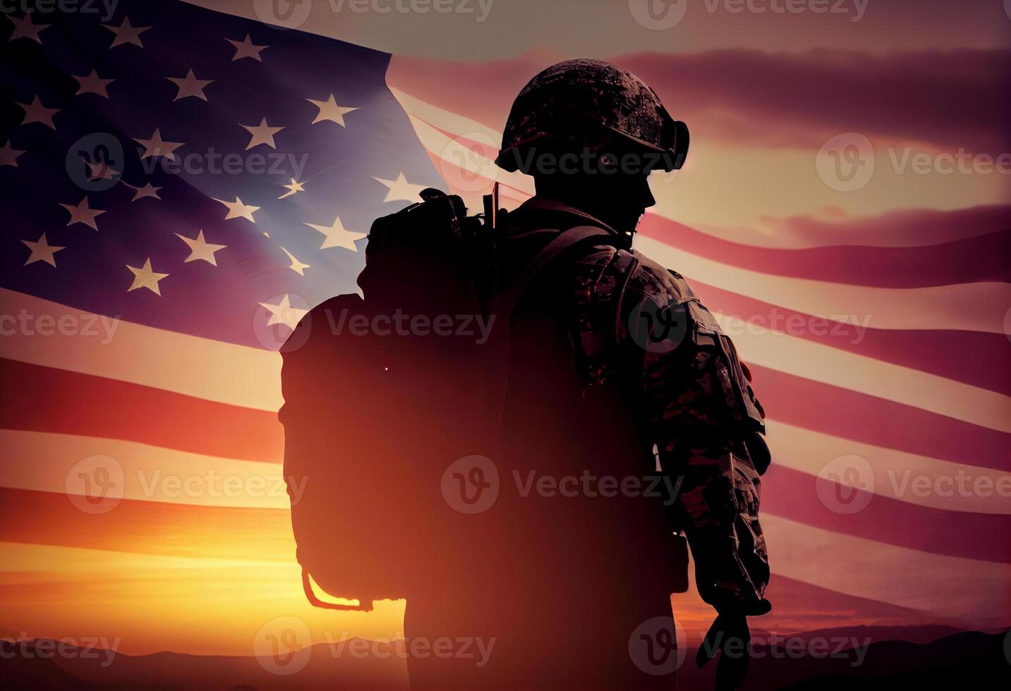 USA army soldiers saluting on a background of sunset or sunrise and USA flag. Generate Ai. photo