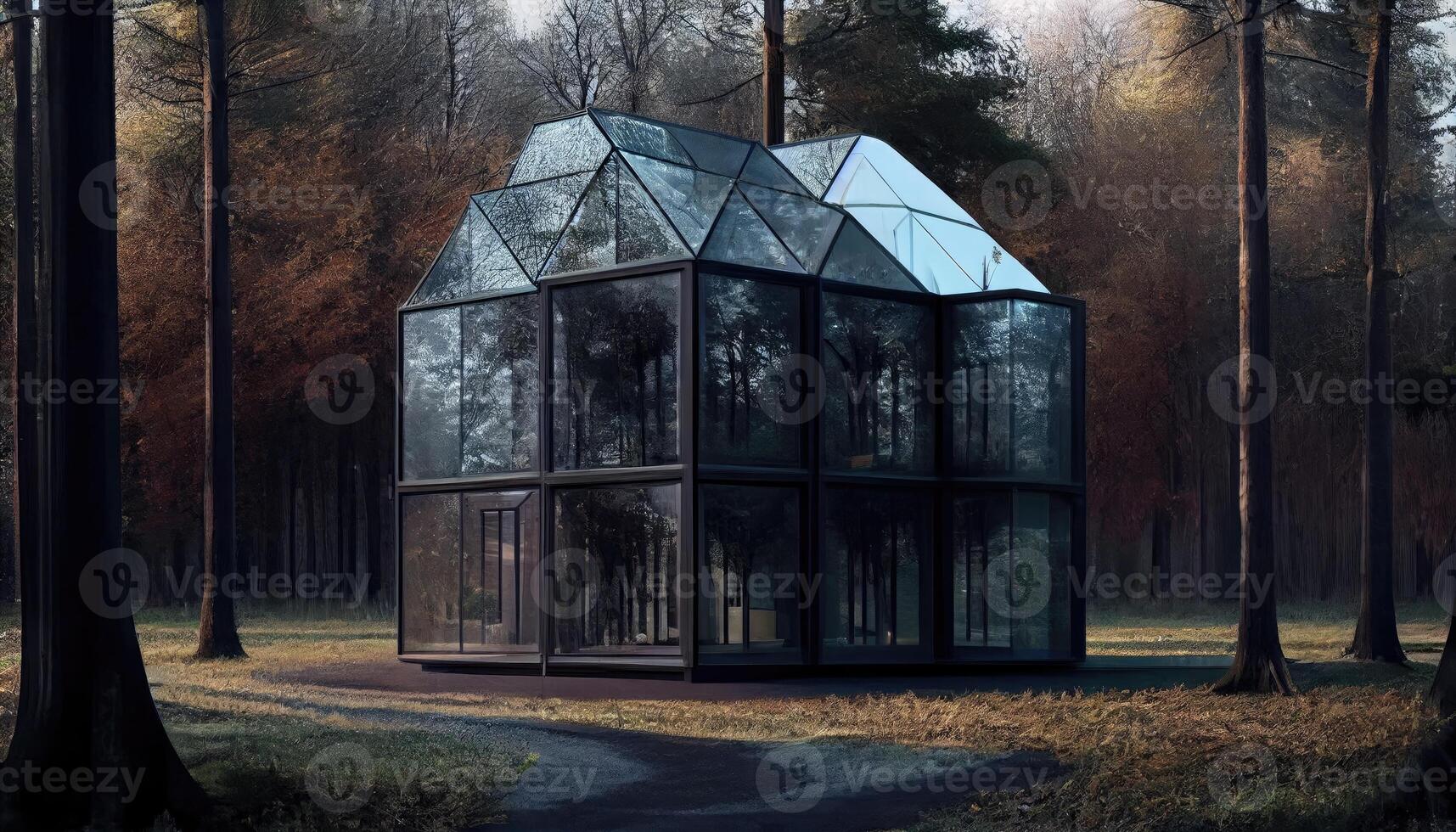 Glass house of the future made of wood and glass. Generate Ai. photo