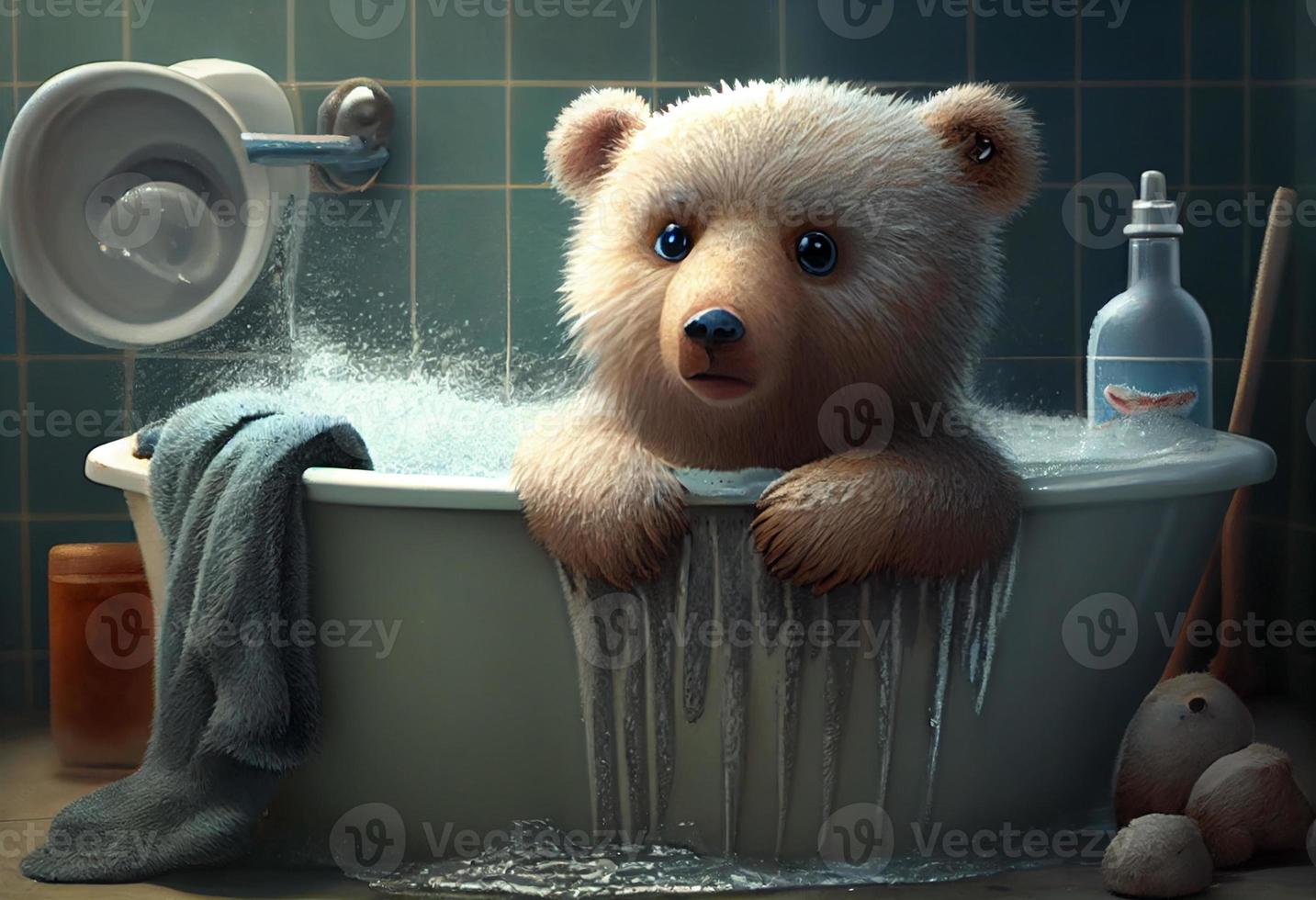 Cute bear in bathtub, pets cleaning. Generate Ai. photo