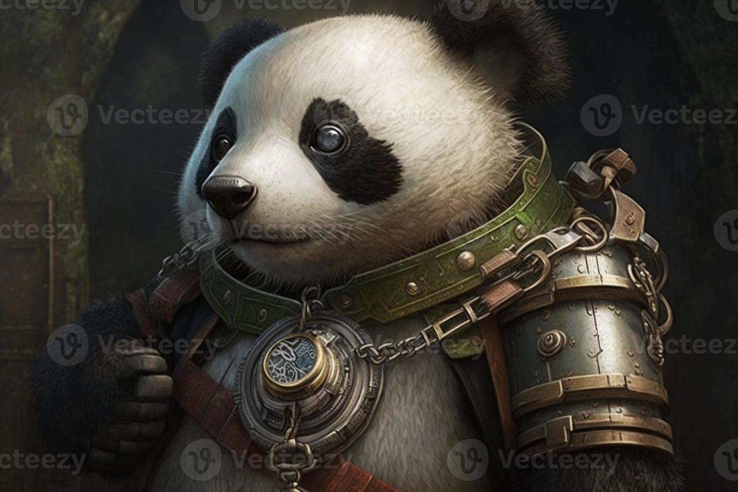 Panda with a steampunk watch lanyard around his neck, protecting a safe. Generate Ai photo