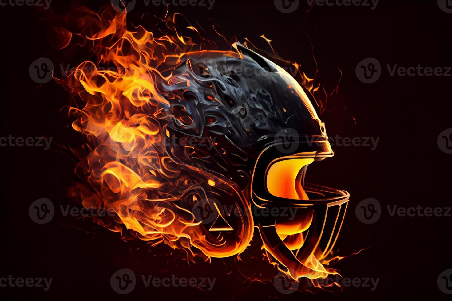 Football helmet on fire on black background. Generate Ai photo