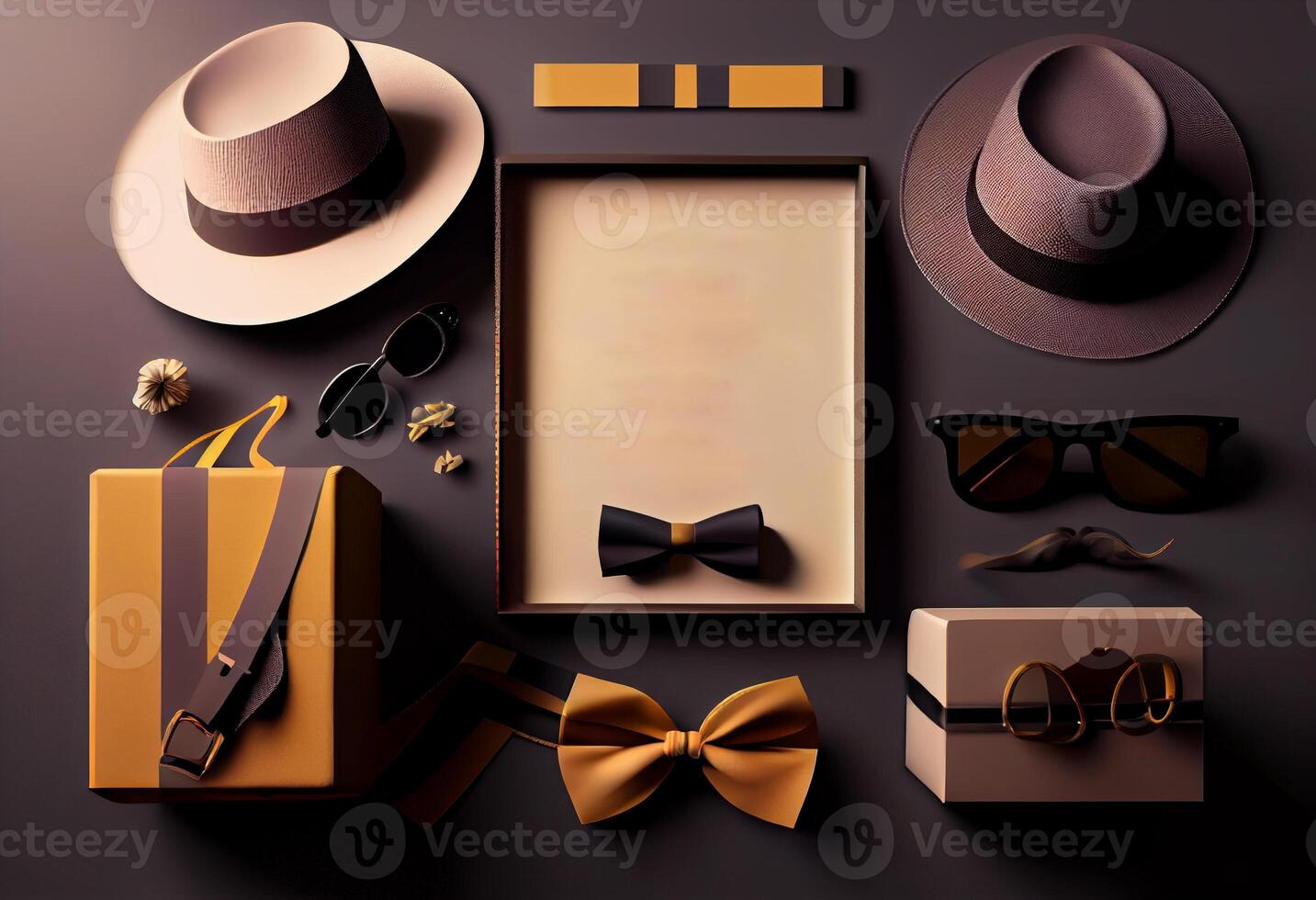 Father's Day Sale poster or banner template with necktie,glasses,hat and gift box.Greetings and presents for Father's Day. Generate Ai. photo