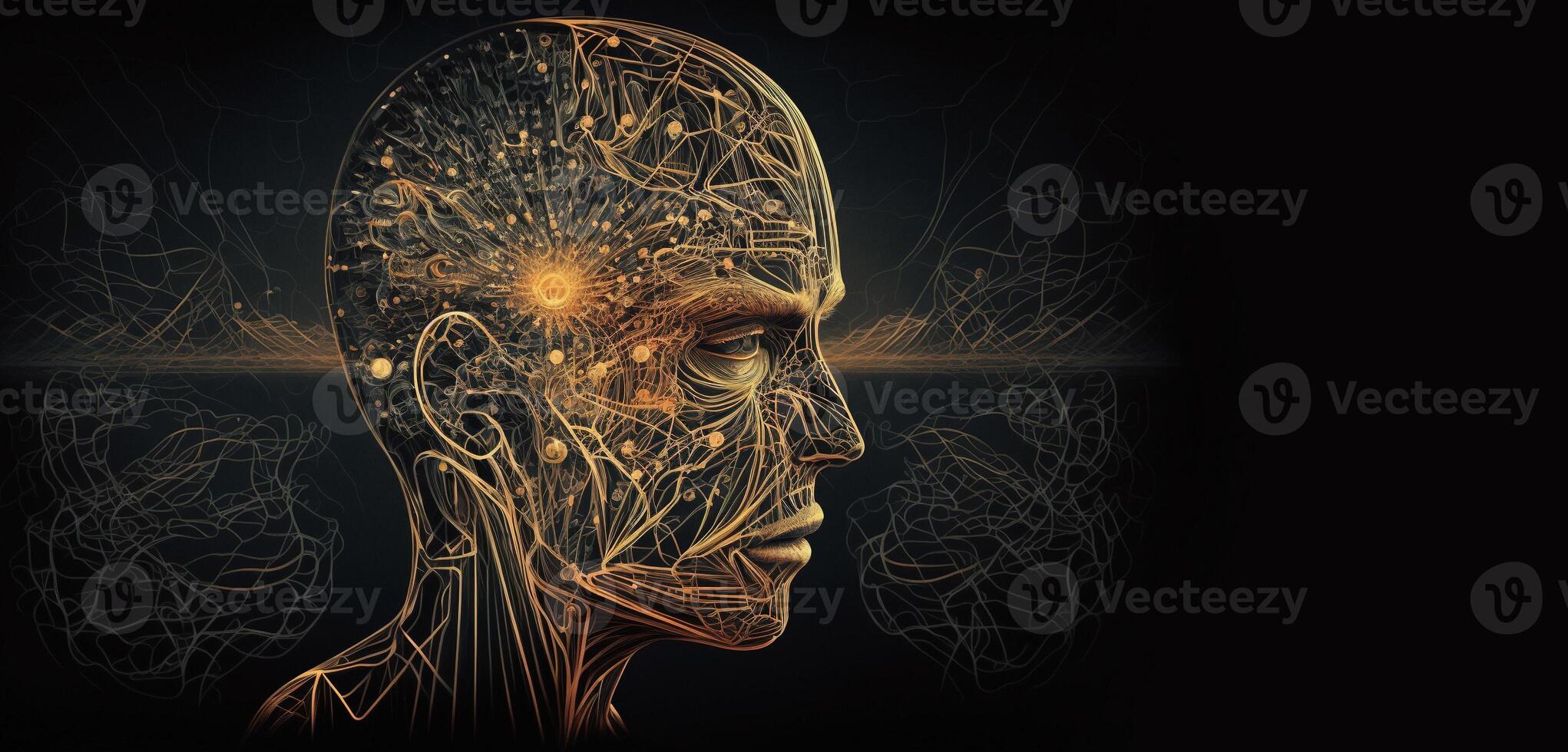 , Conceptual illustration of neuron cells with glowing link knots in abstract dark space, high resolution. Human nervous system, neural network photo