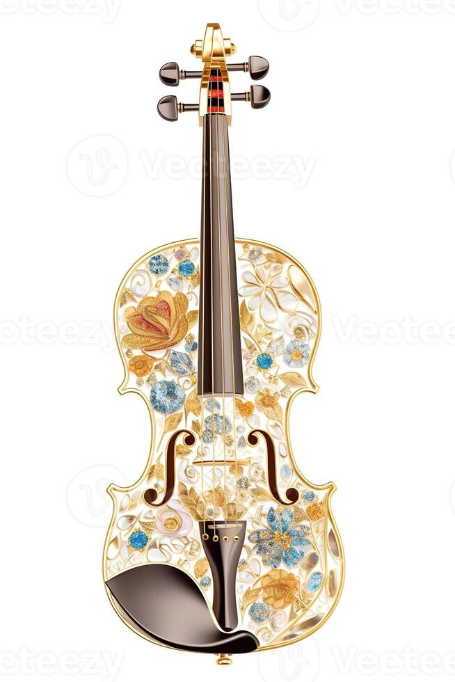 , beautiful musical instrument violin, brooch, opal stone and golden color palette isolated on white background. Bijouterie, jewelry close up photo