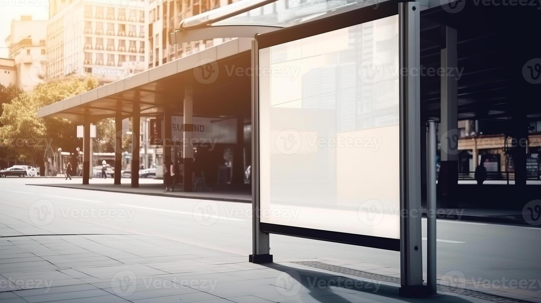 generativo ai, realista calle grande cartelera burlarse de arriba blanco para presentación publicidad. al aire libre firmar blanco en el futurista ciudad, negocio concepto foto