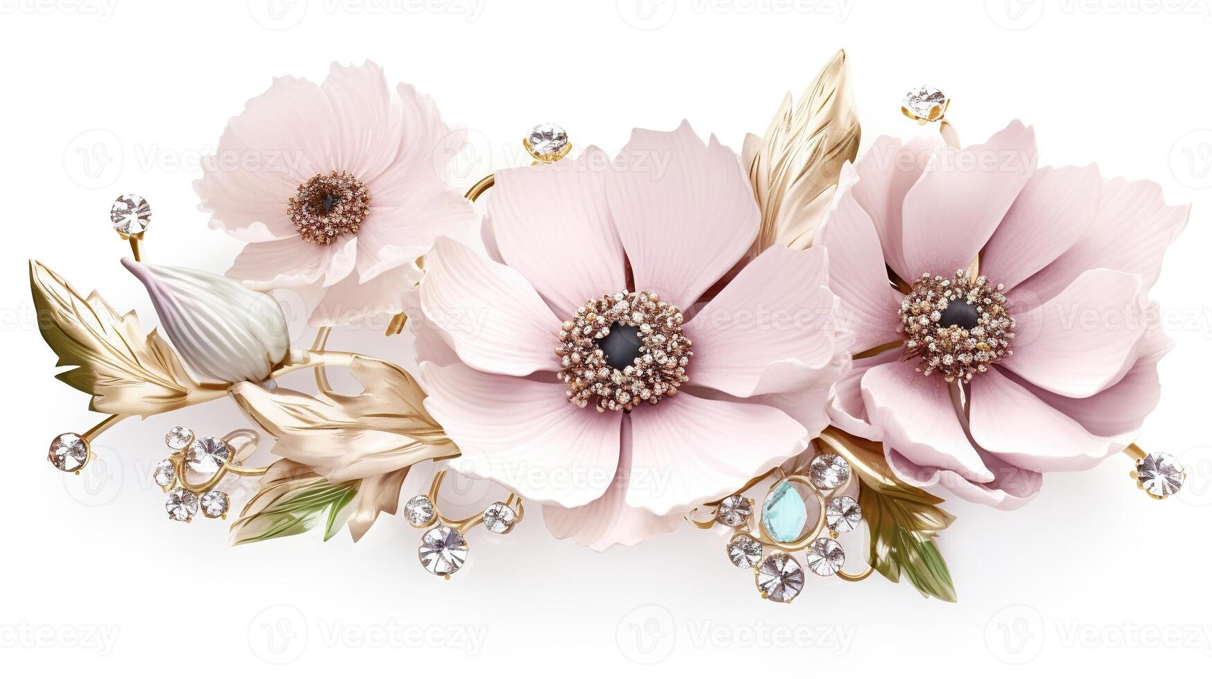 , beautiful light pink flowers brooch, opal stone and golden color palette isolated on white background. Bijouterie, jewelry close up photo