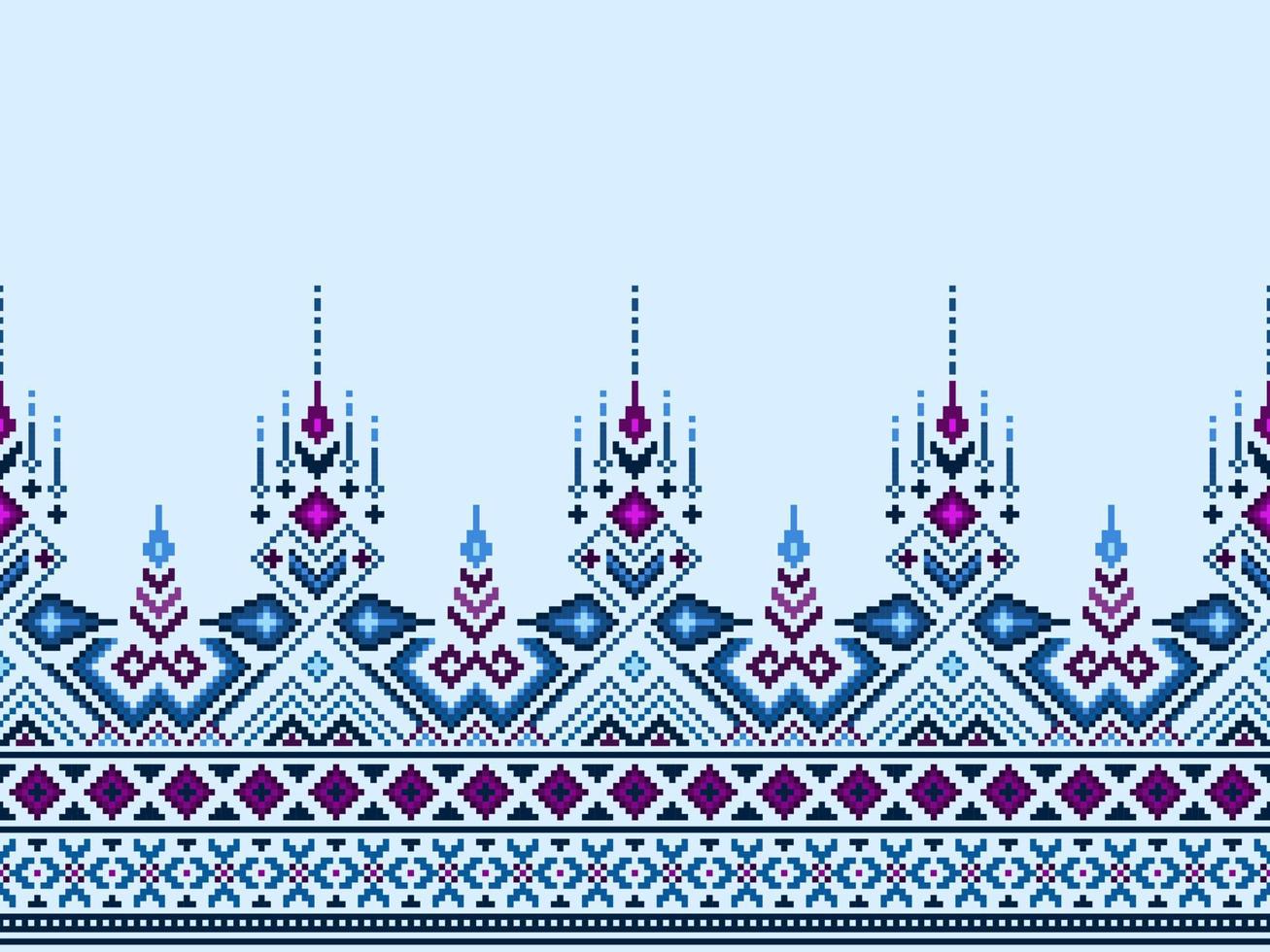 Cross Stitch and Pixel Ethnic Patterns Bring Vibrant Style to Fabrics, Sarees, and Ikat Designs, blue cross stitch color. Traditional Design. vector