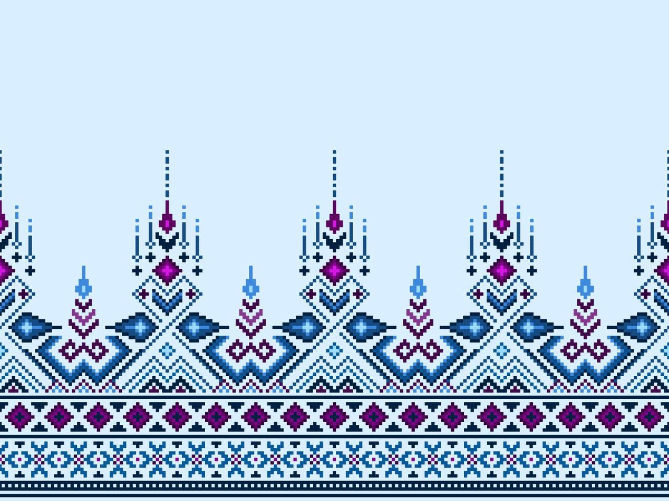 Cross Stitch and Pixel Ethnic Patterns Bring Vibrant Style to Fabrics, Sarees, and Ikat Designs, blue cross stitch color. Traditional Design. vector