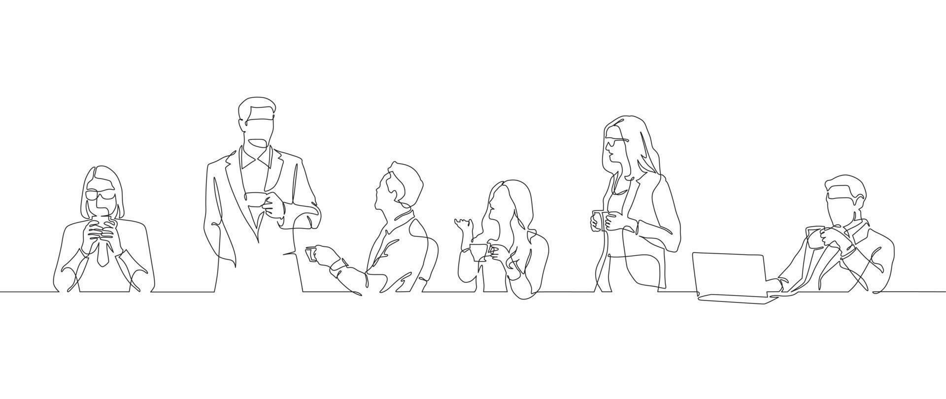 continuous one line drawing office workers having a coffee break vector