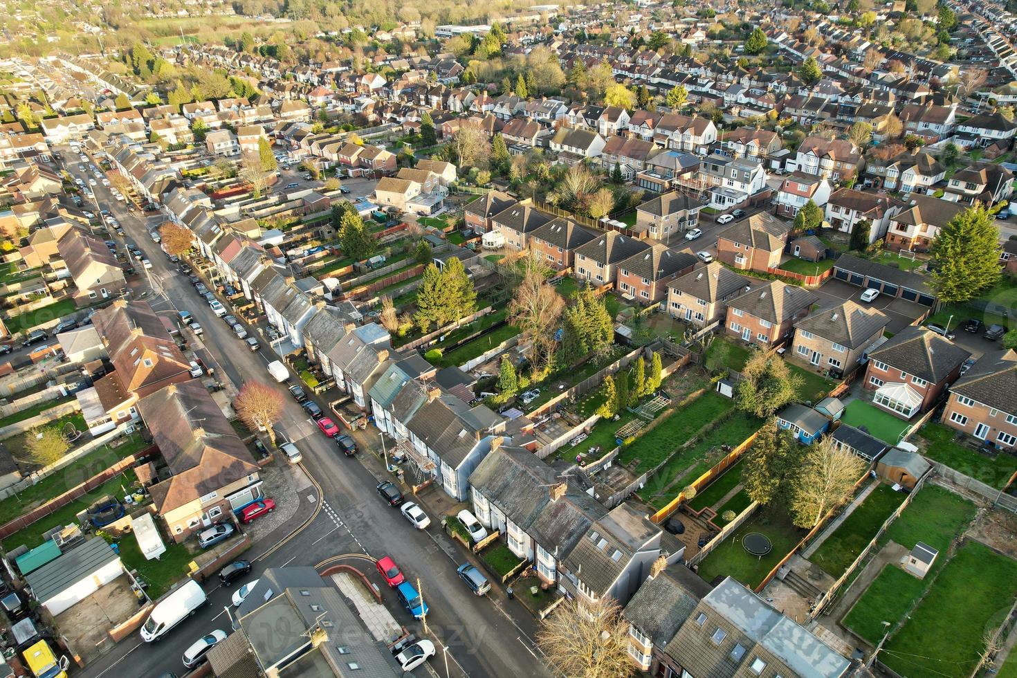 Aerial View of Luton Residential District of Saint Augustine Ave Luton England England Great Britain. The Image was Captured on 06-April-2023 with Drone's Camera During Sunset photo