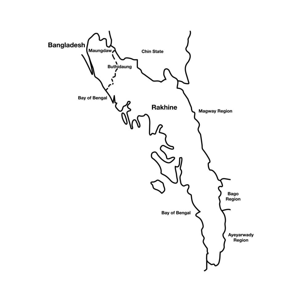 Rohingya Crisis Rakhine State Myanmar outline map. Editable Vector EPS Symbol Illustration.