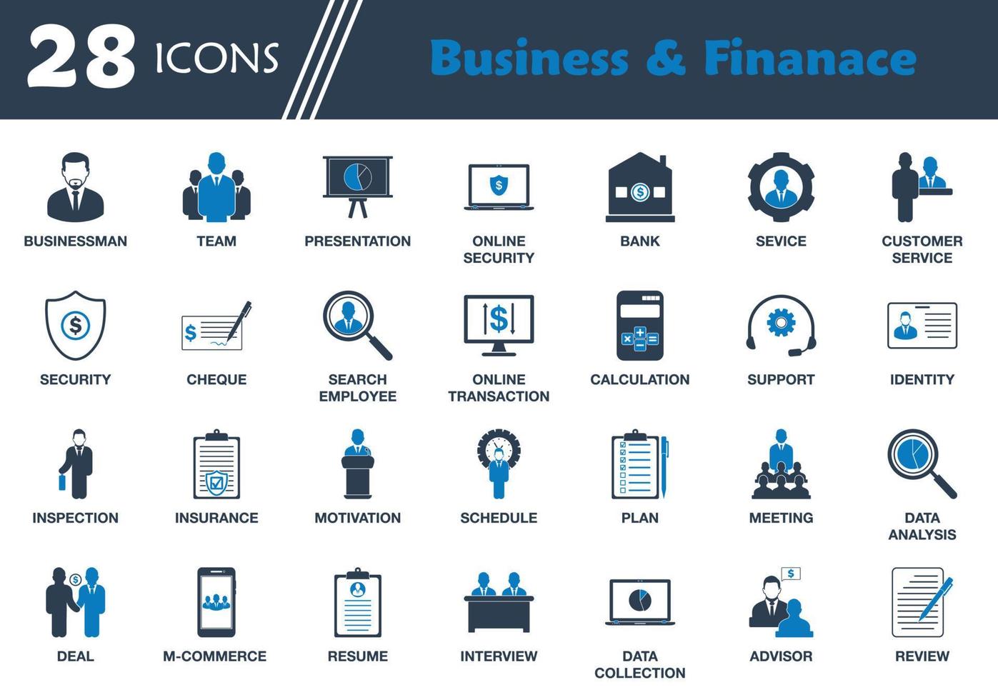 Business and Finance Icon Set. Collection of businessman, team, bank, security, service, transection, plan, meeting, review, data, resume icons. Editable Vector Symbol Illustration.