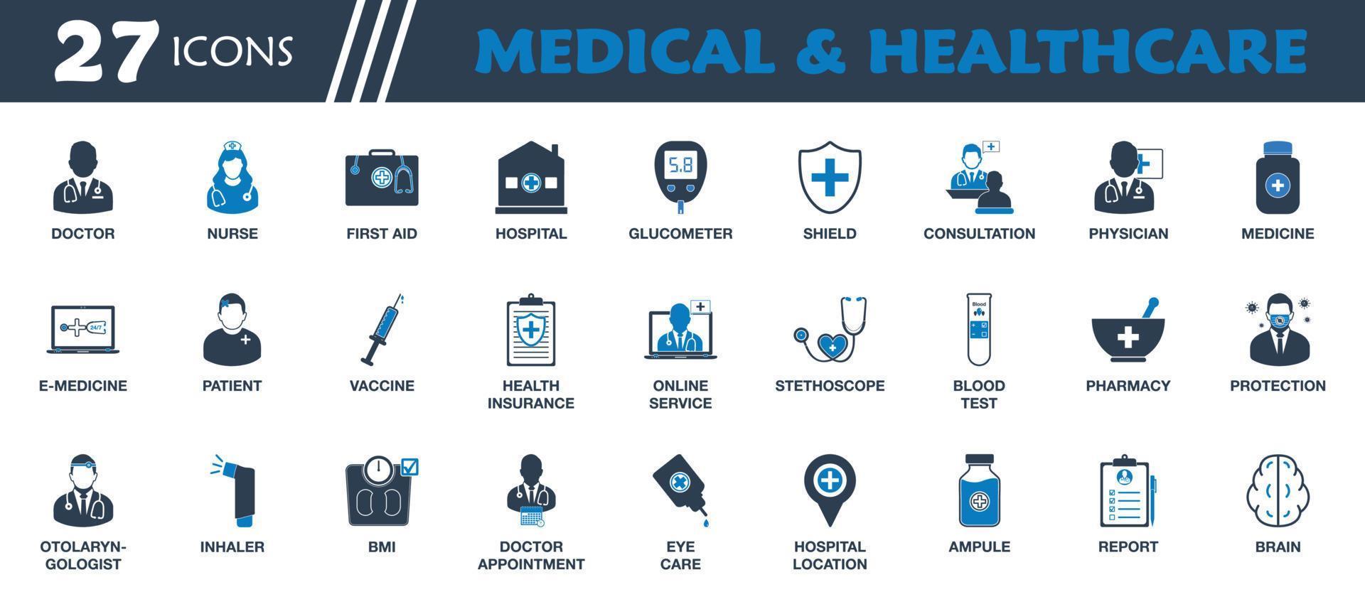 Medical and Healthcare Icon set. Collection of Doctor, Nurse, Hospital, Physician, Medicine, Vaccine, First Aid, Stethoscope and Report icons. Editable Vector Symbol Illustration.