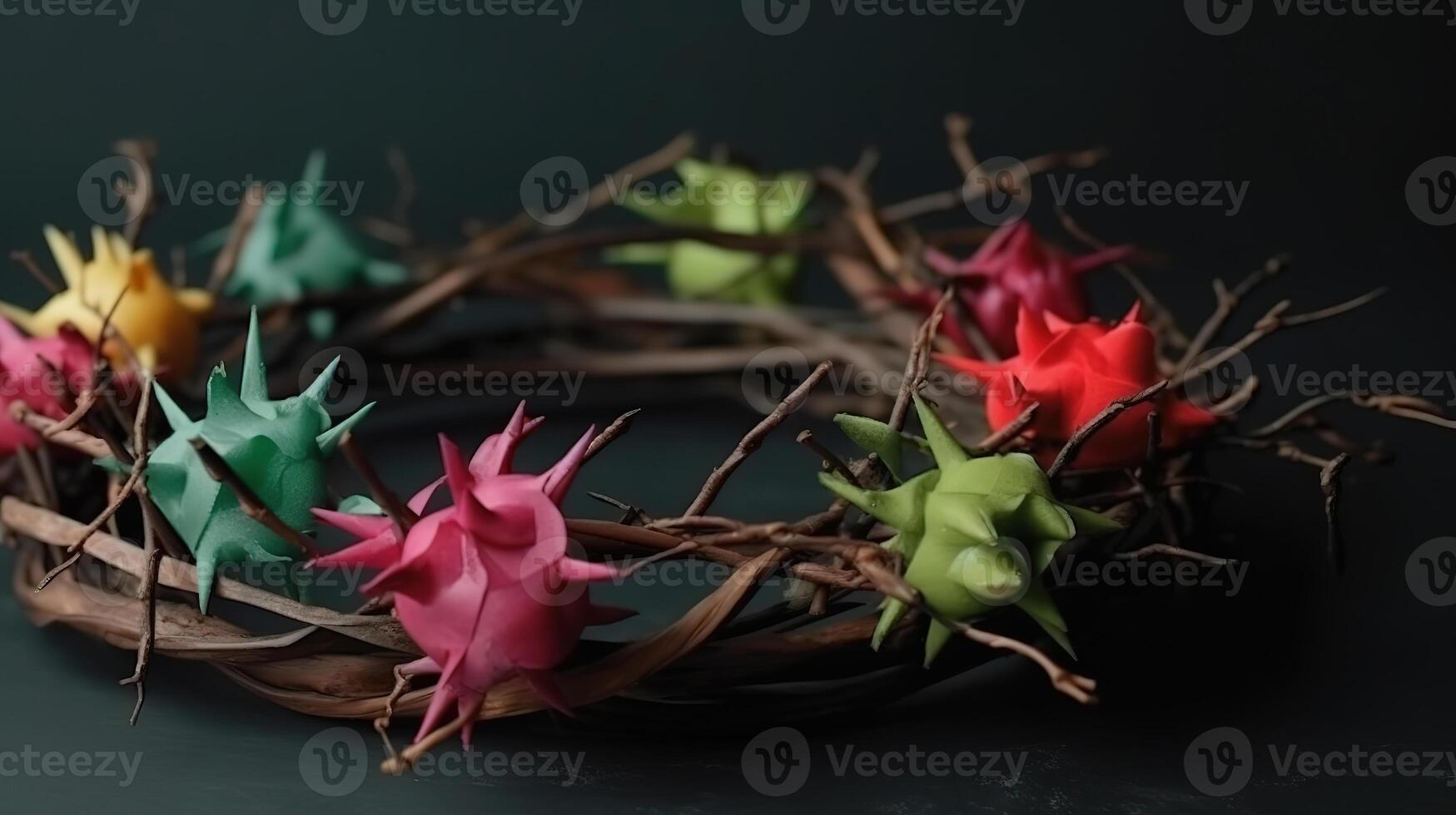 Flat lay crown of thorns still life, Bright color, ultra realistic. photo