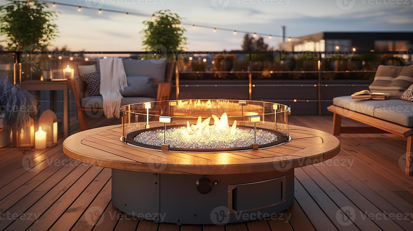 A spacious deck with a close up shot of a fire pit table heater. photo