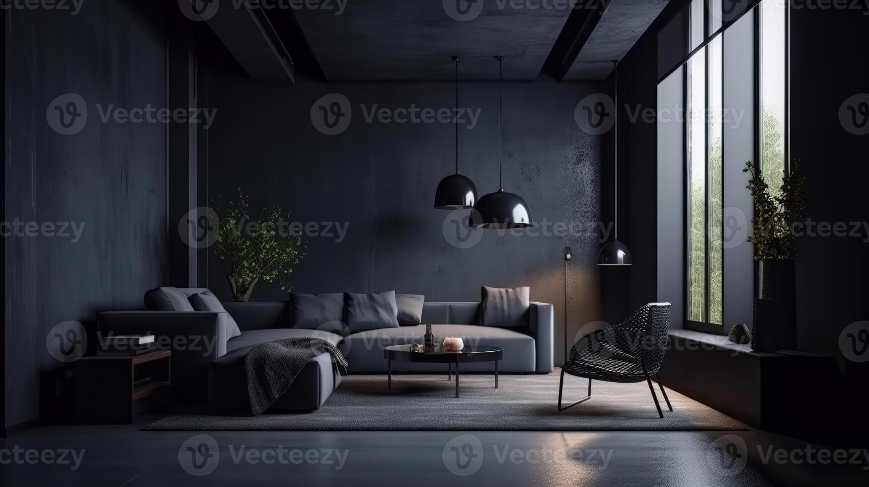 Modern dark home interior background, wall mock up. photo