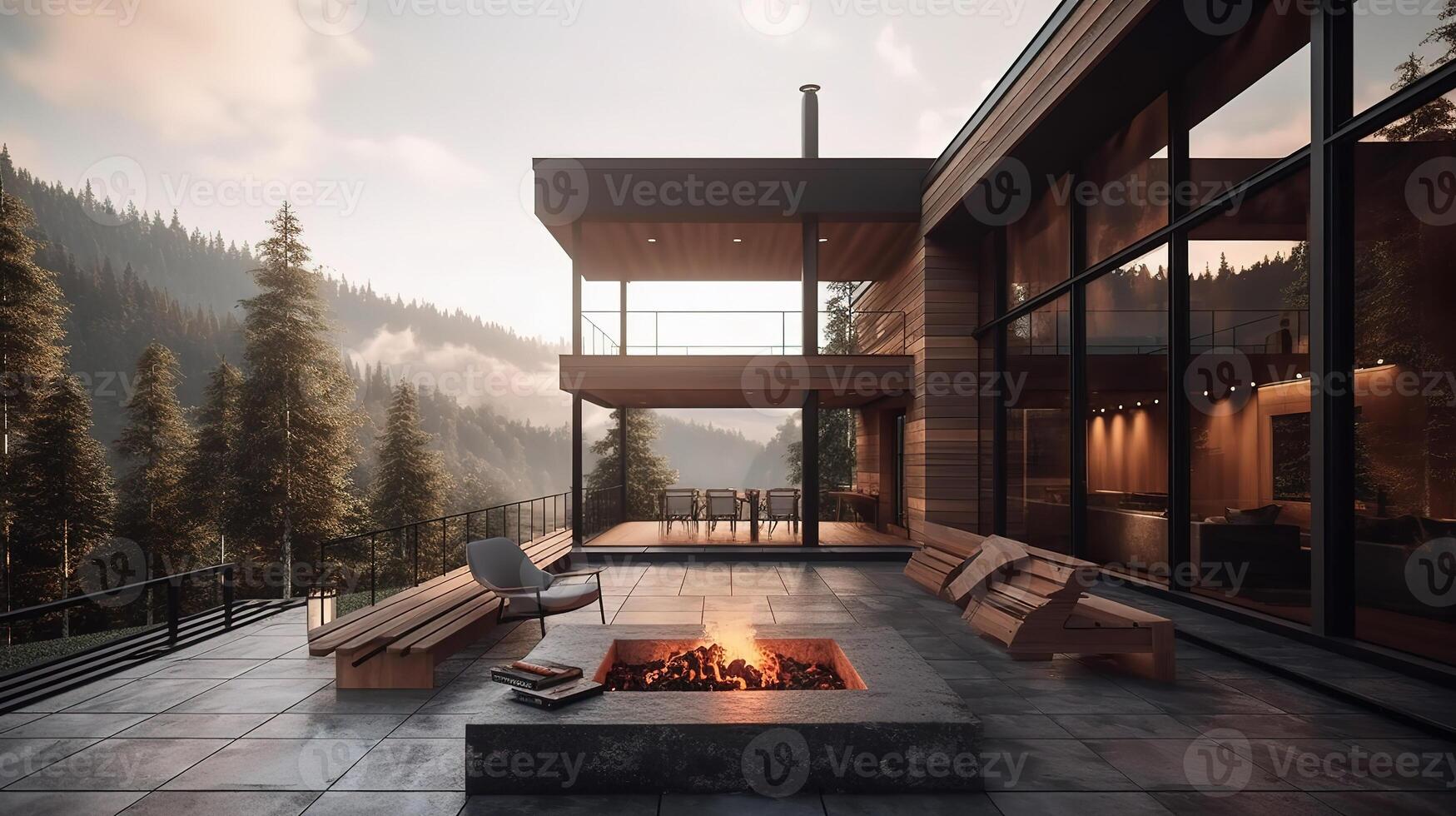 Amazing balcony patio with fire pit and forest and mountains view. photo