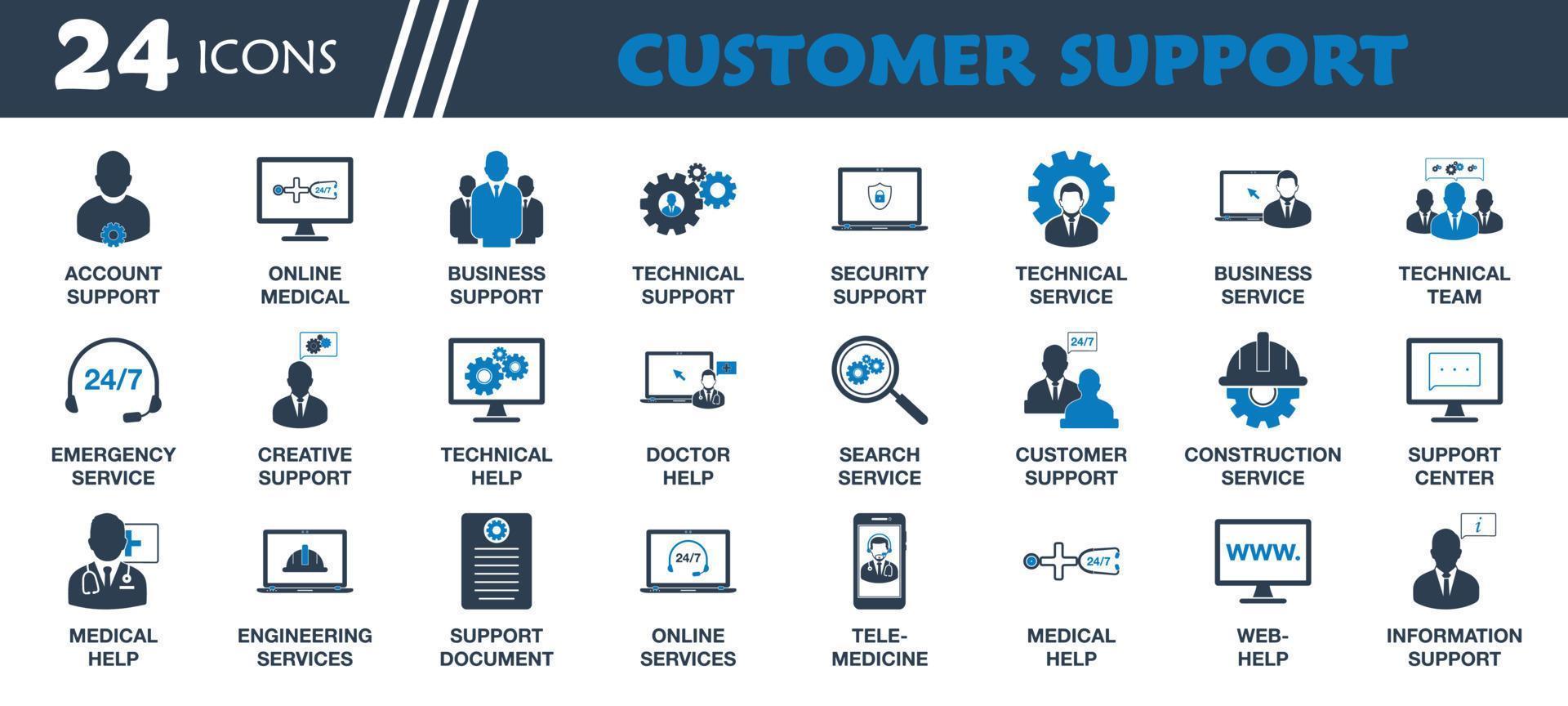 Customer Support Icon Set. Collection of Account, Medical, Business, Technical, Emergency, Online, Telemedicine, Information, Service and Help Icons. Editable Vector Symbol Illustration.