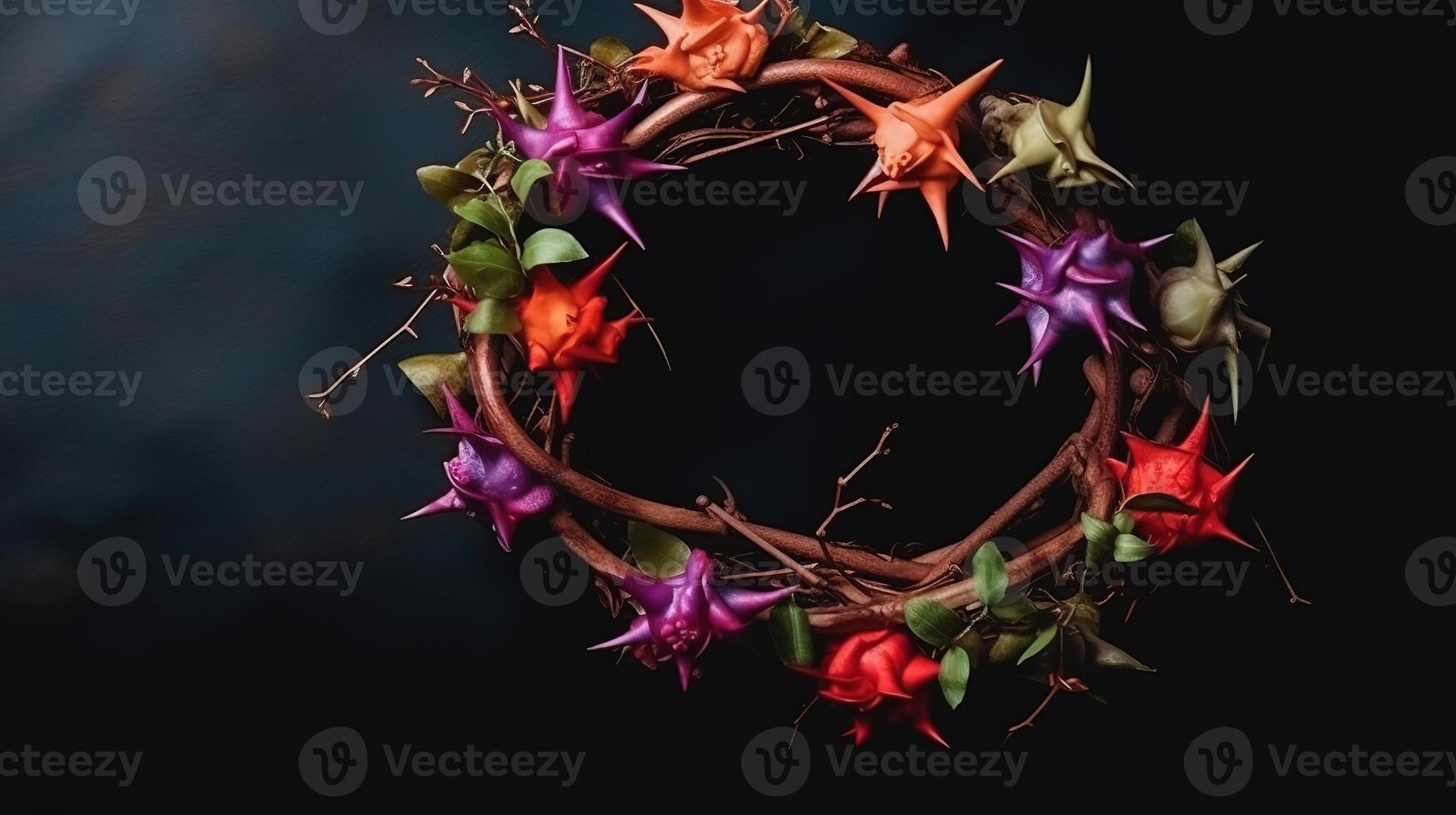 Flat lay crown of thorns still life, colorful, ultra realistic. photo