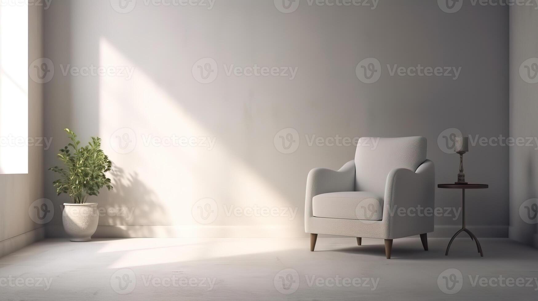 Modern minimalist interior with an armchair on empty white color wall background. photo