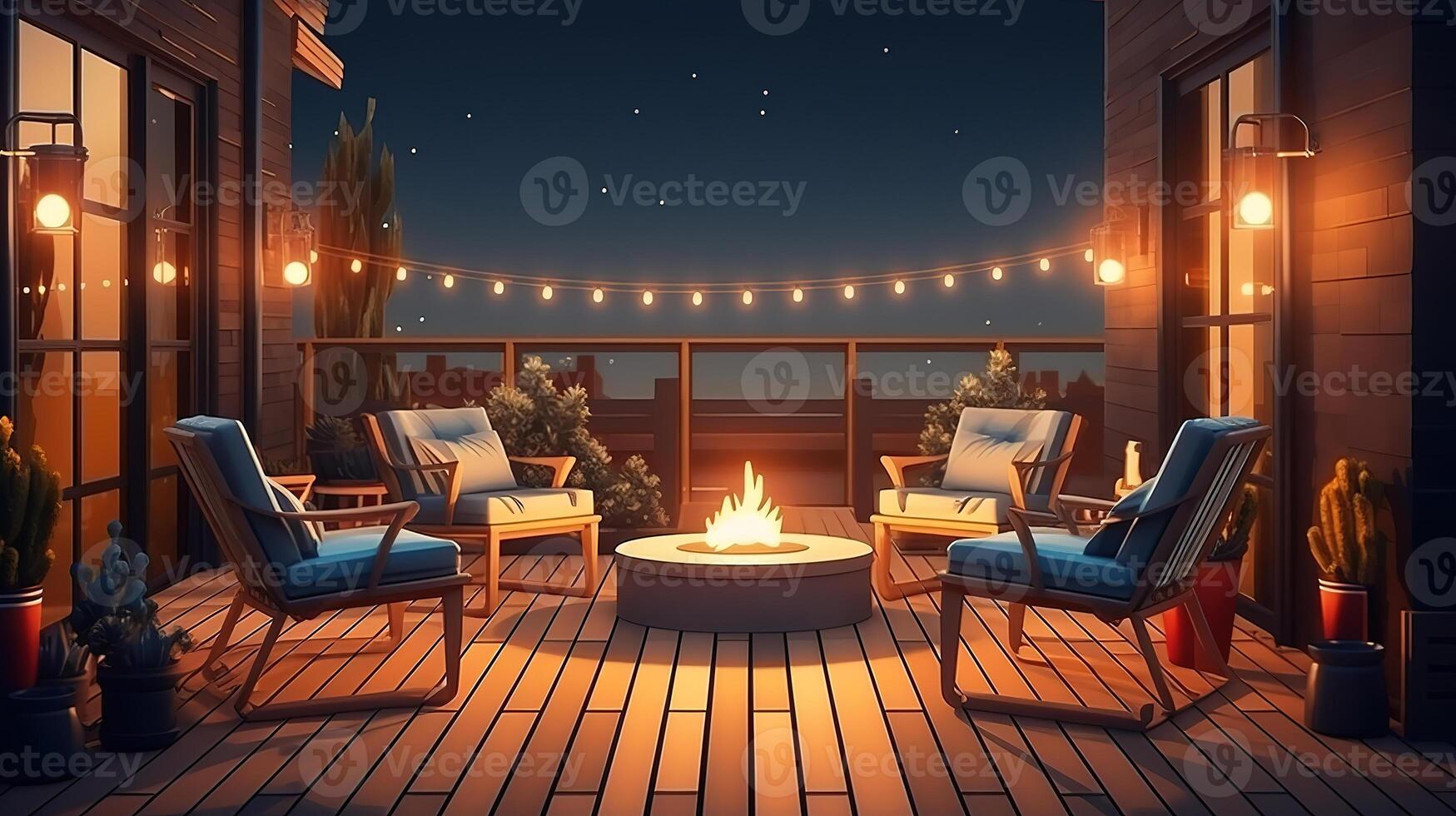 A backyard fire pit in a spacious yard of a large hom. photo