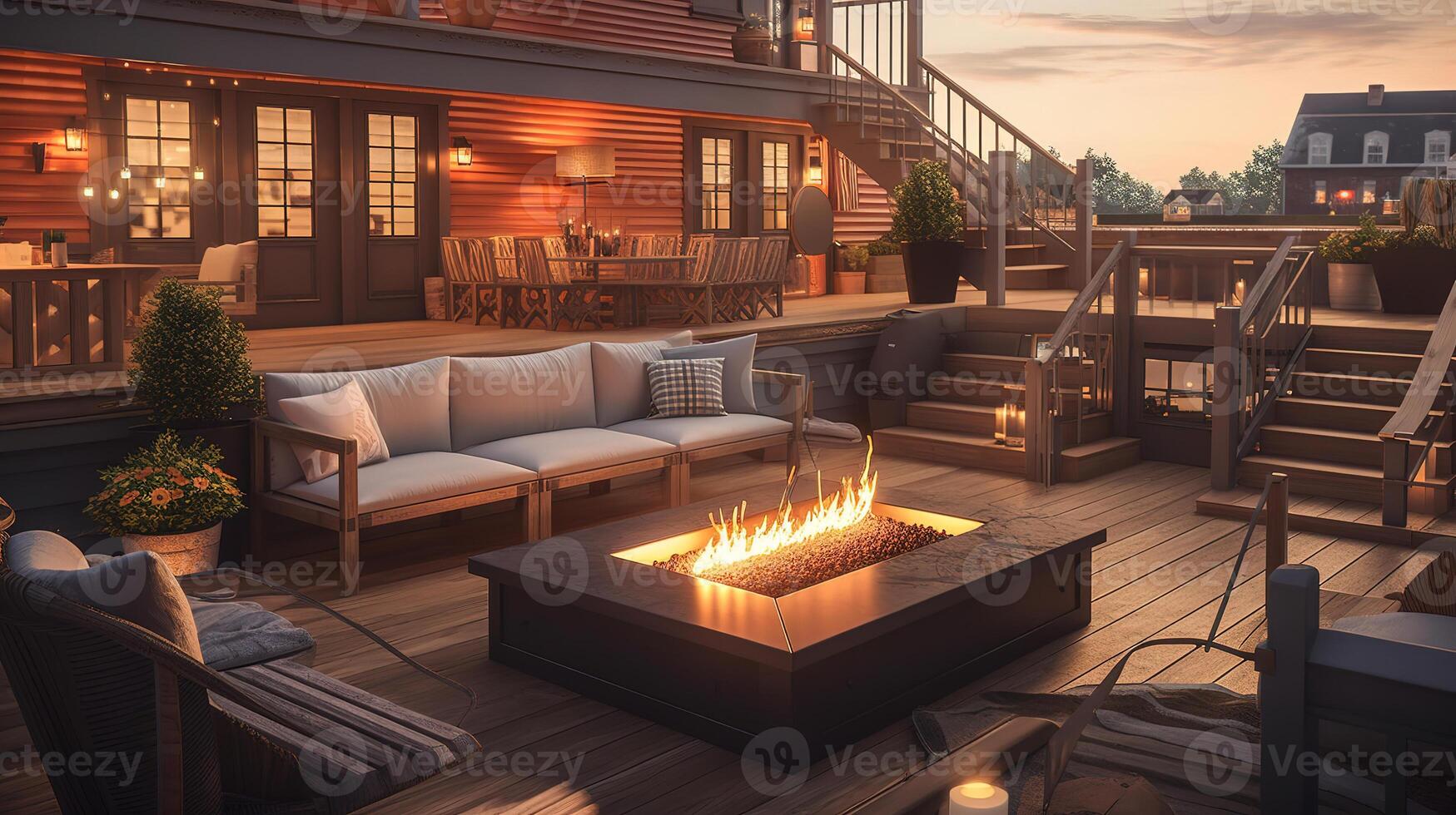 A spacious deck with a close up shot of a fire pit table heater. photo