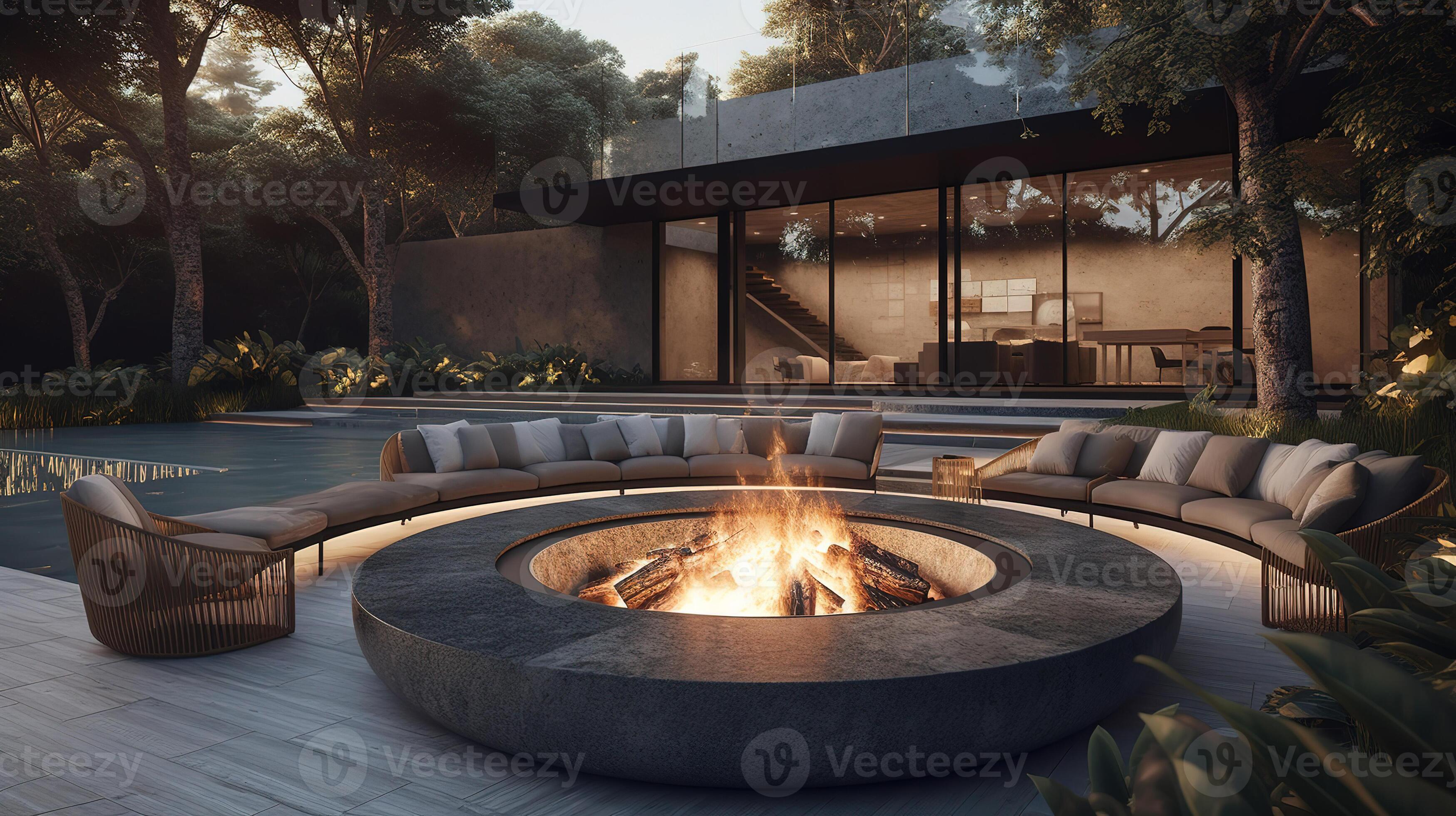 Surprising Fire pit and furniture on modern luxury. Generative Ai