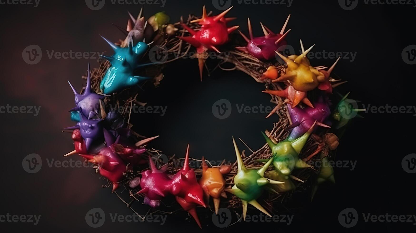 Flat lay crown of thorns still life vertical side angle, Rainbow Color. photo